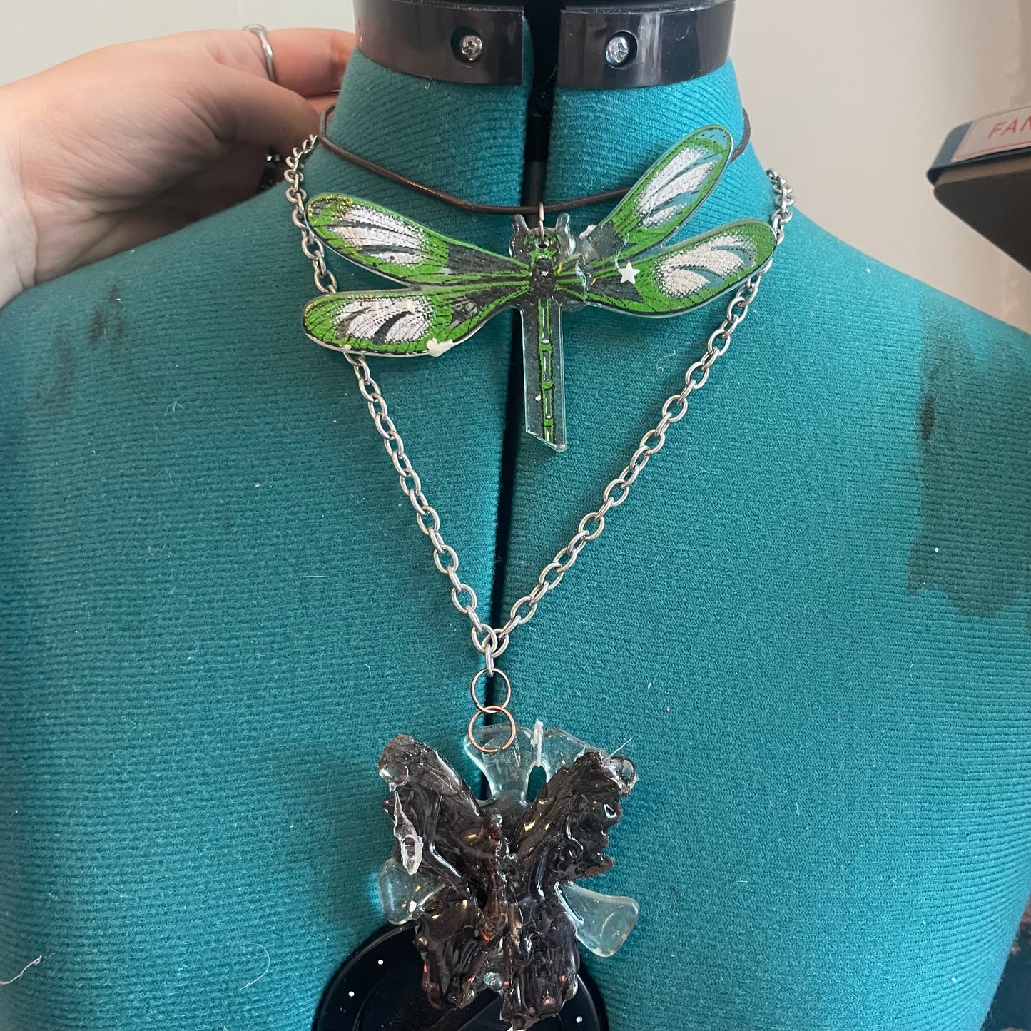 recycled glass dragonfly on cord necklace