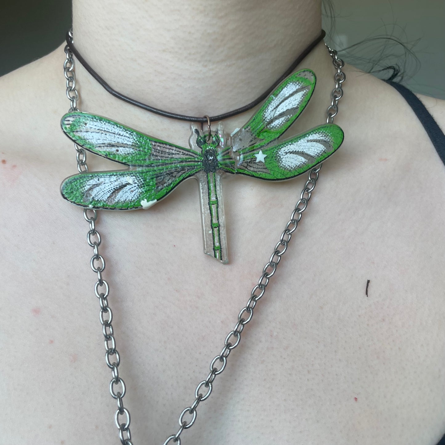 recycled glass dragonfly on cord necklace