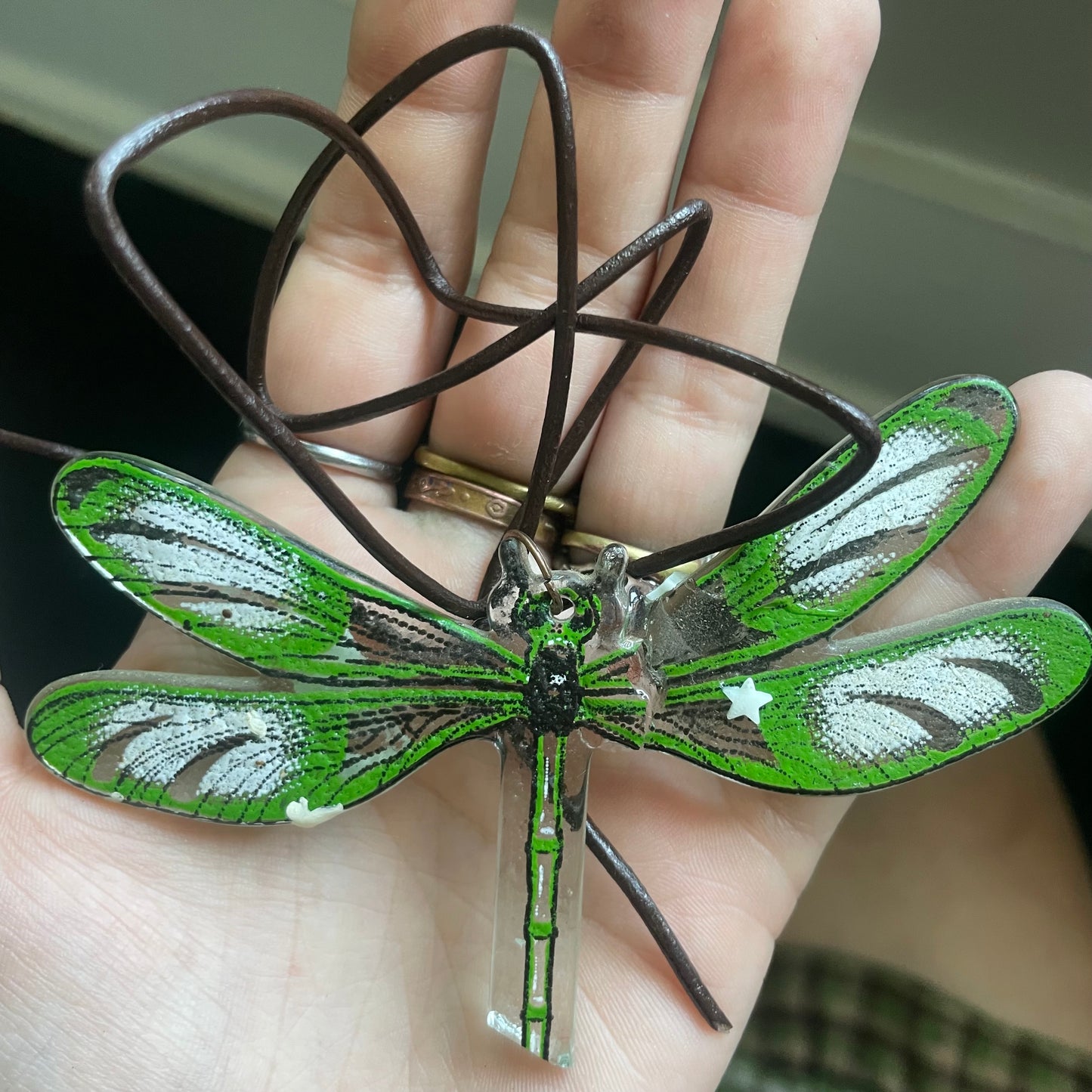 recycled glass dragonfly on cord necklace