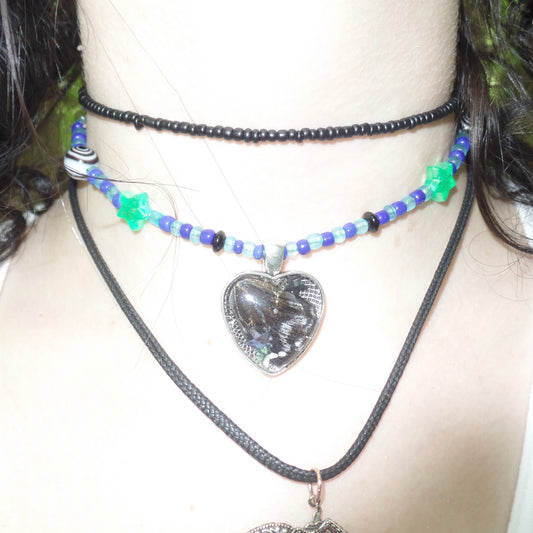 blue and green butterfly wing beaded choker