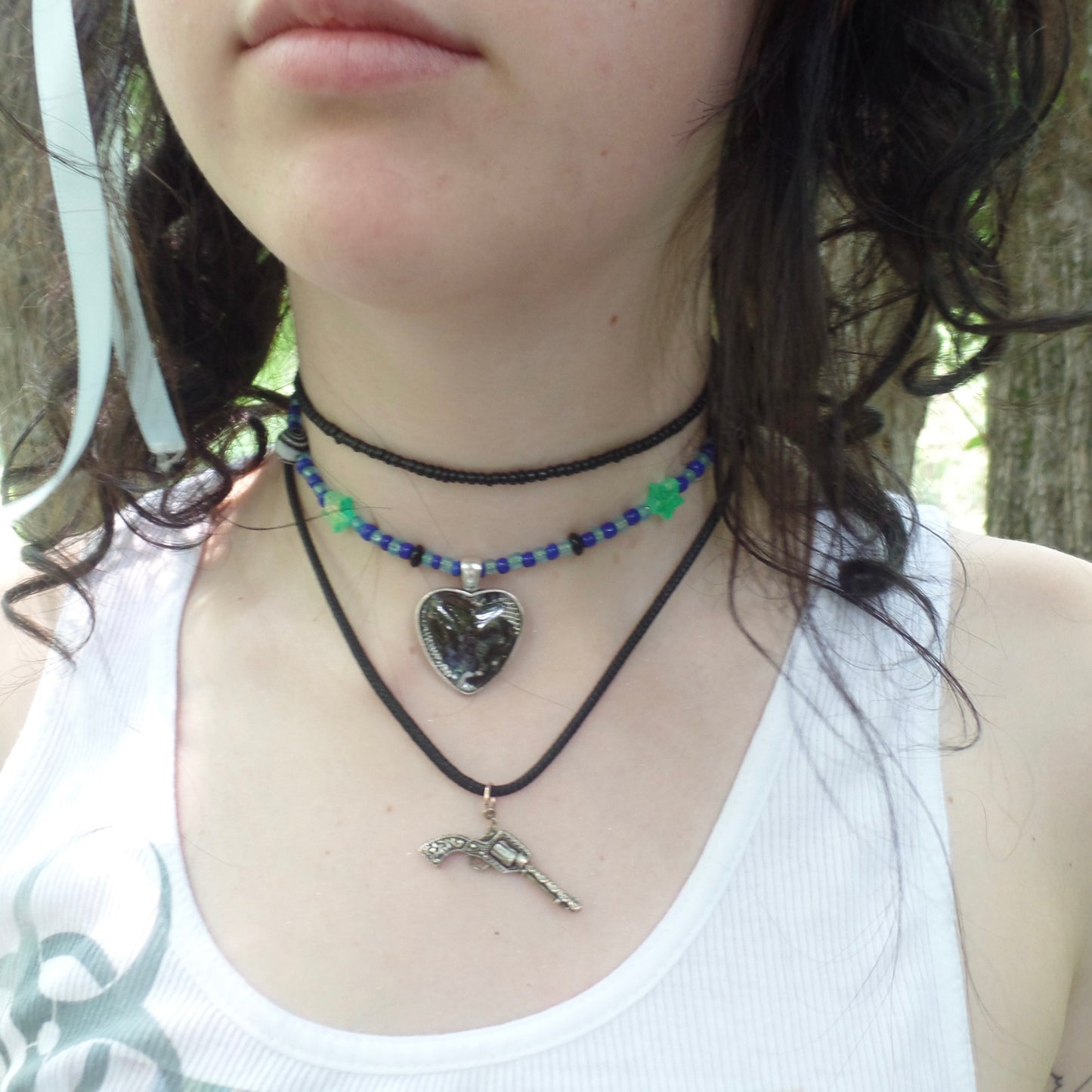 blue and green butterfly wing beaded choker